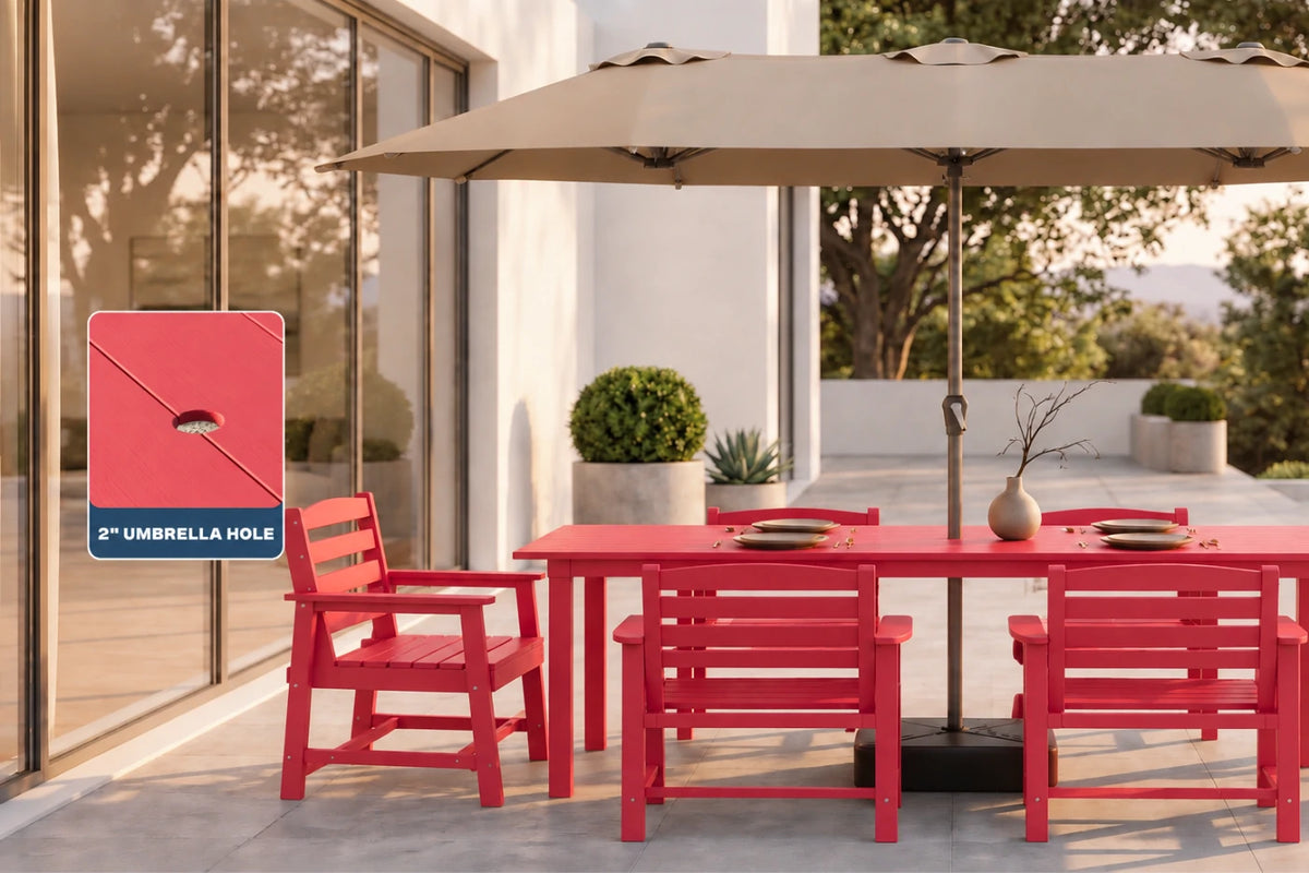 Outdoor patio dining set with a red rectangular table, four red chairs, a large beige patio umbrella, and a glass-walled patio. A callout graphic on the left indicates the 2-inch umbrella hole.