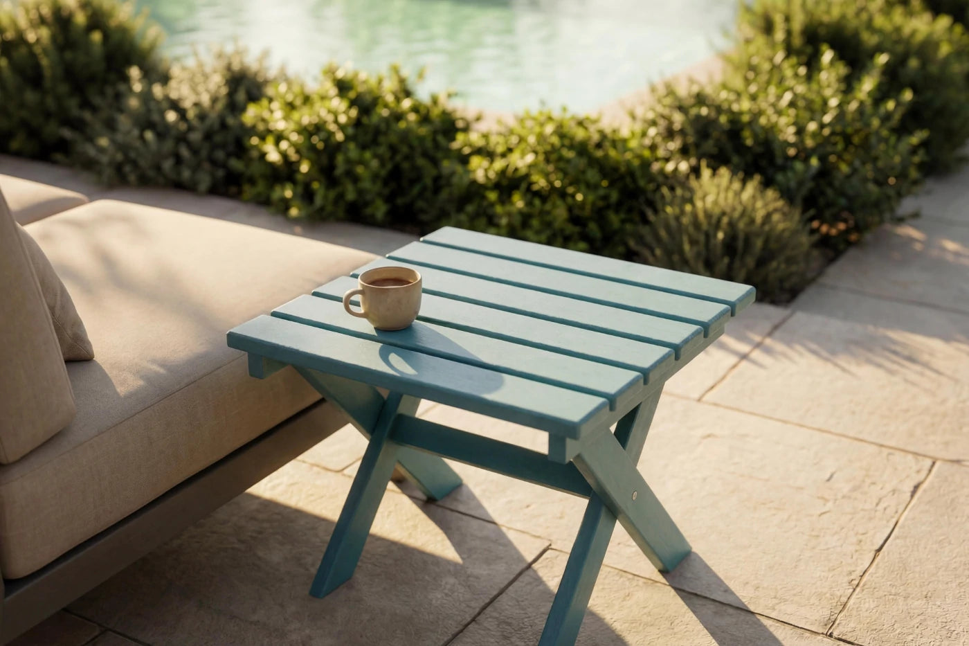 HDPE side table with a cup on it next to a beige outdoor sofa by a pool.