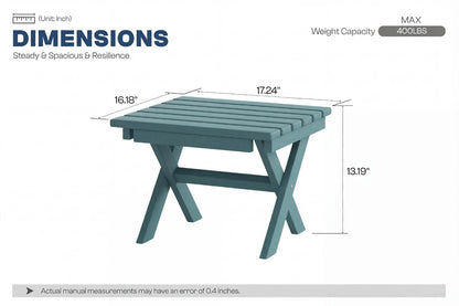 Teal outdoor table with dimensions labeled on a white background