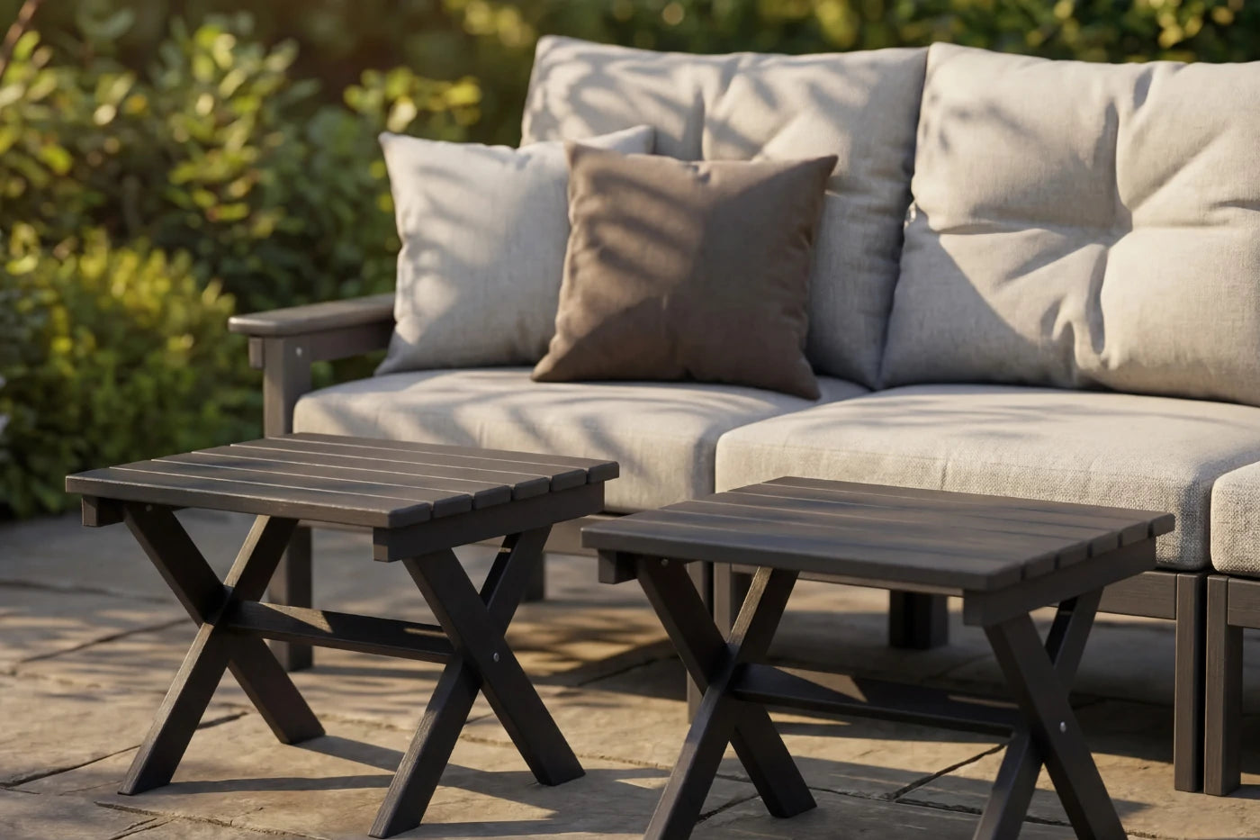 Outdoor patio set with beige cushioned sofa and two wooden side tables.