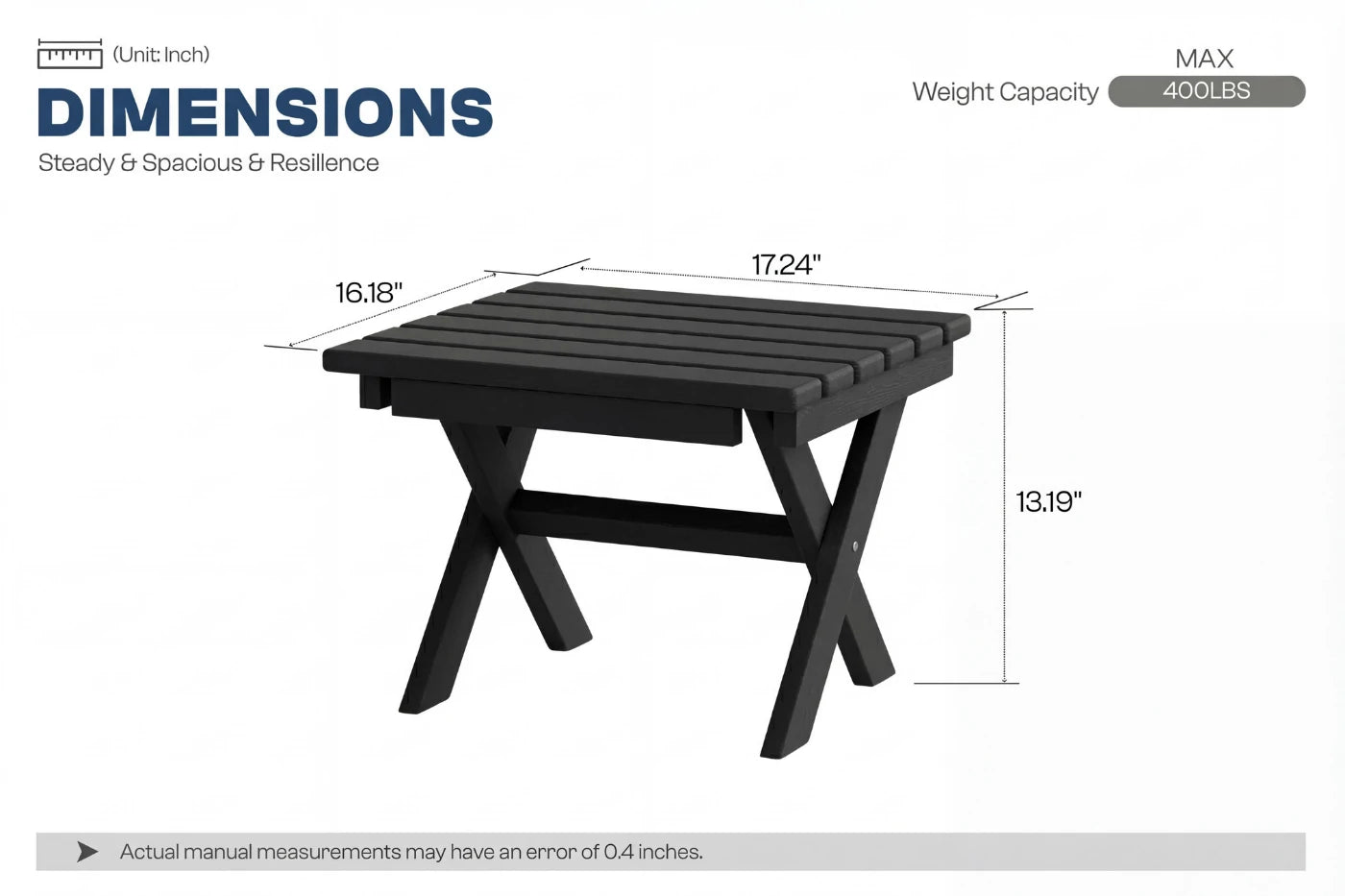 Measurement chart of a black outdoor table with dimensions on a white background