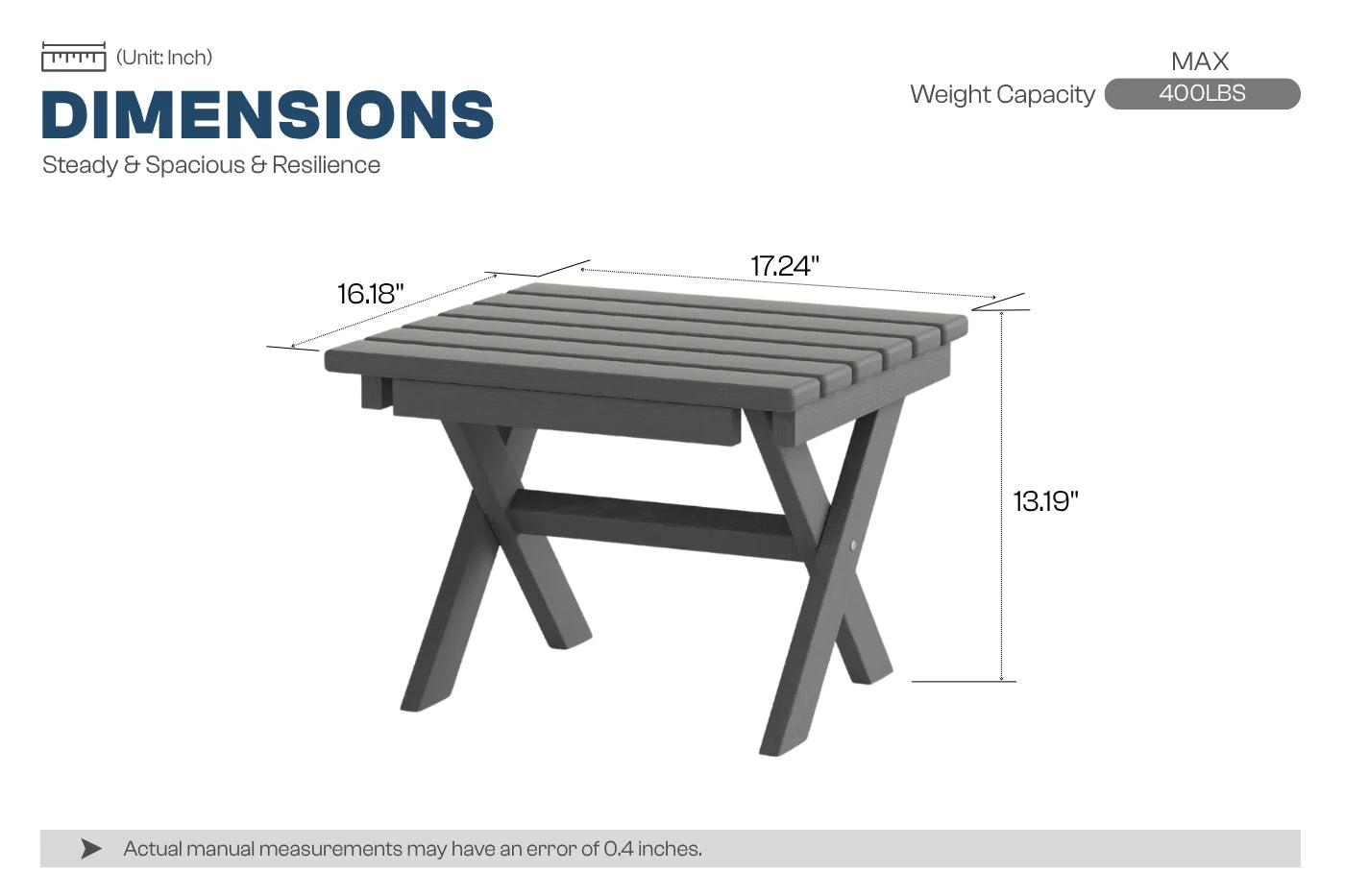Measurement chart of a gray outdoor table with dimensions on a white background
