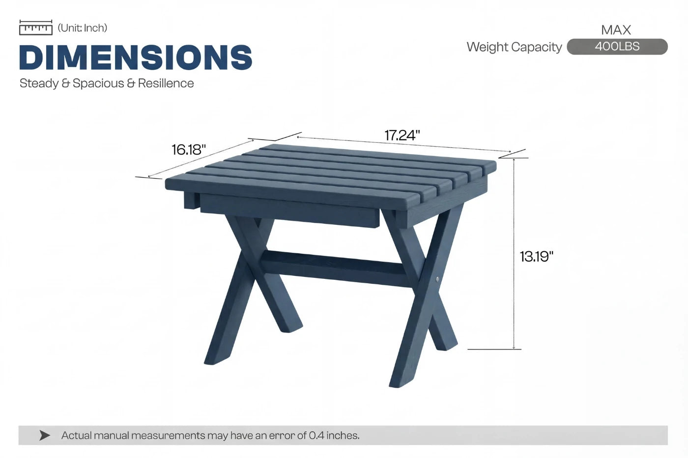 Measurement chart of a small table with dimensions on a white background