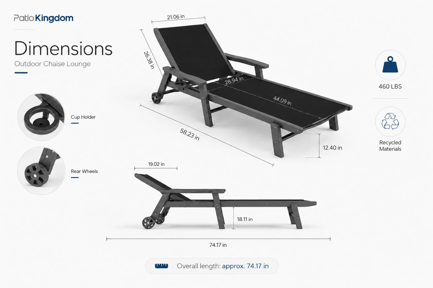 Black HDPE Outdoor Chaise Lounge with Textilene Fabric 74.17-icnch overall length