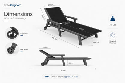Black HDPE Outdoor Chaise Lounge with Textilene Fabric 74.17-icnch overall length