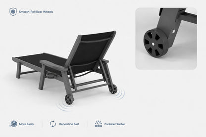 Black HDPE Outdoor Chaise Lounge with smooth-roll rear wheels, move easily, reposition fast and poolside flexible