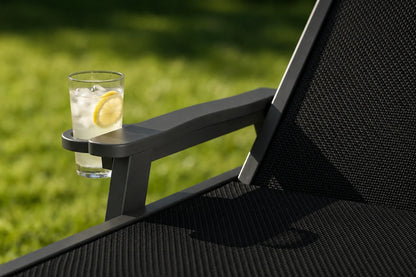 Black HDPE Outdoor Chaise Lounge with Textilene Fabric keeps drinks close