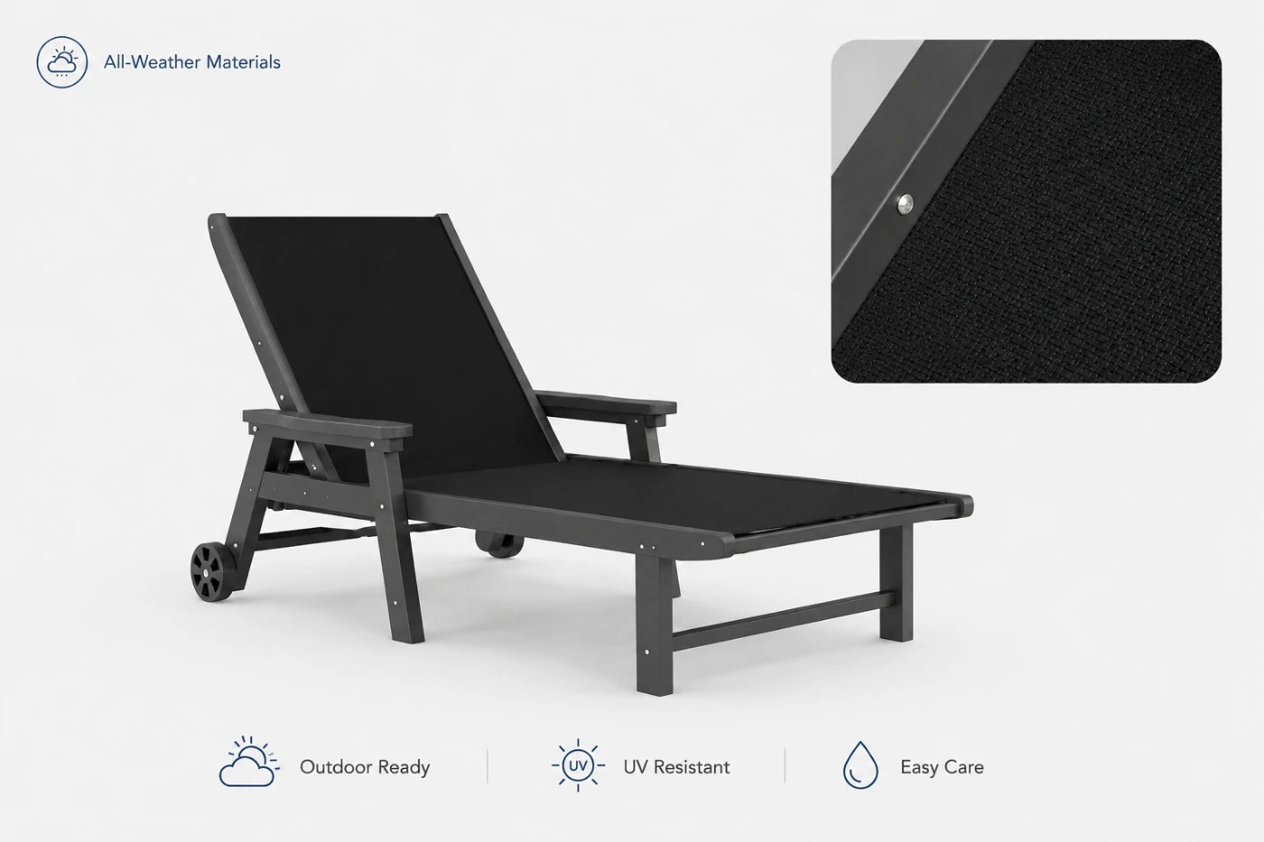 Black HDPE Outdoor Chaise Lounge with all-weather materials ，outdoor ready