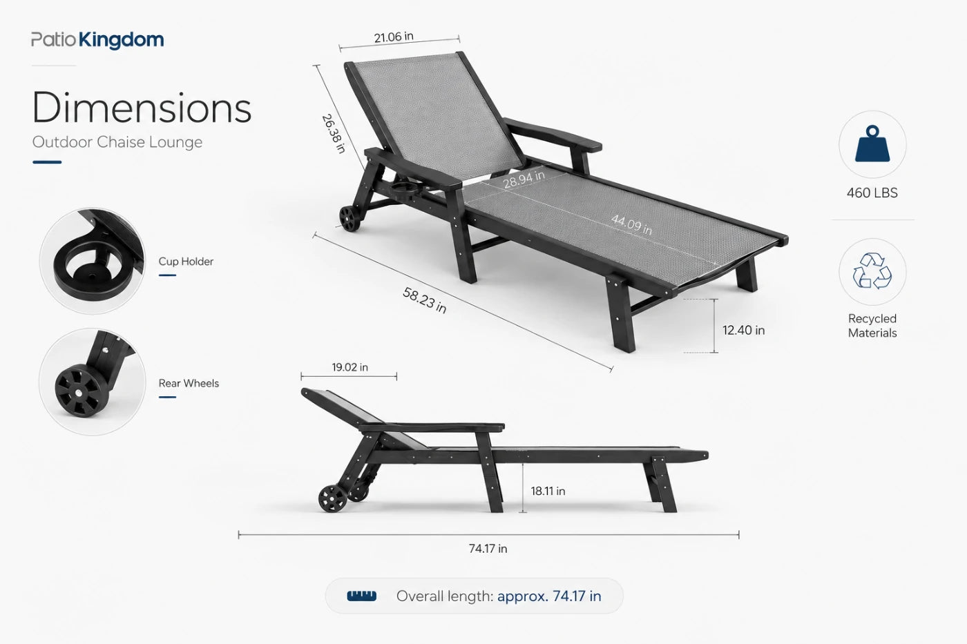 Dark gray HDPE Outdoor Chaise Lounge with Textilene Fabric 74.17-icnch overall length
