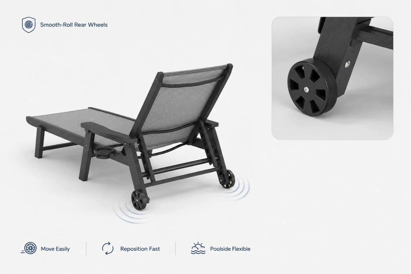 Dark gray HDPE Outdoor Chaise Lounge with smooth-roll rear wheels, move easily, reposition fast and poolside flexible