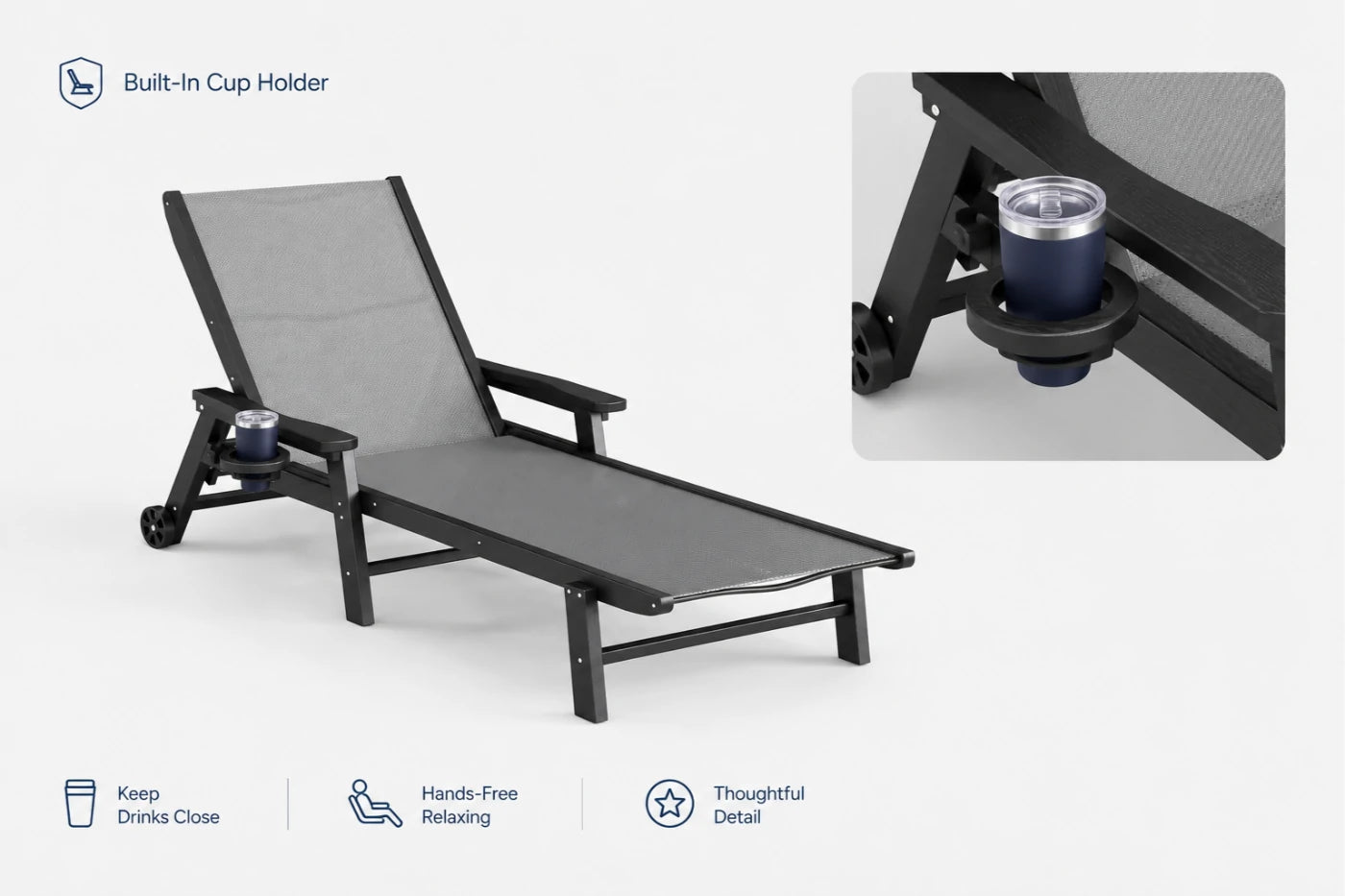 Dark gray HDPE Outdoor Chaise Lounge can keep drinks close and hands-free relaxing.