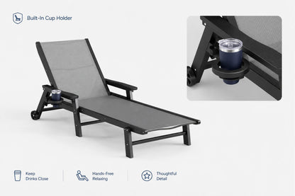 Dark gray HDPE Outdoor Chaise Lounge can keep drinks close and hands-free relaxing.