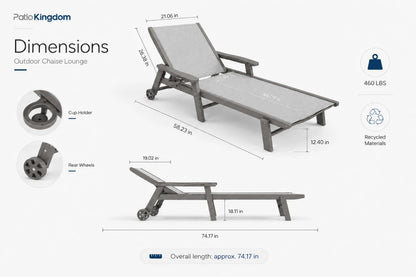 Gray HDPE Outdoor Chaise Lounge with Textilene Fabric 74.17-icnch overall length