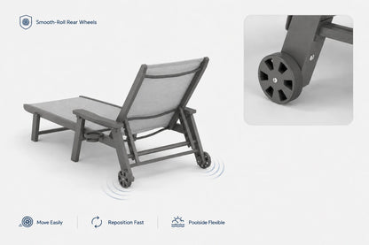 Gray HDPE Outdoor Chaise Lounge with smooth-roll rear wheels, move easily, reposition fast and poolside flexible