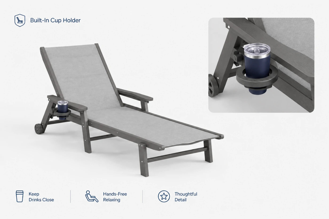 Gray HDPE Outdoor Chaise Lounge can keep drinks close and hands-free relaxing.