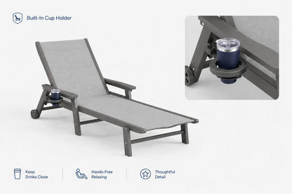 Gray HDPE Outdoor Chaise Lounge can keep drinks close and hands-free relaxing.