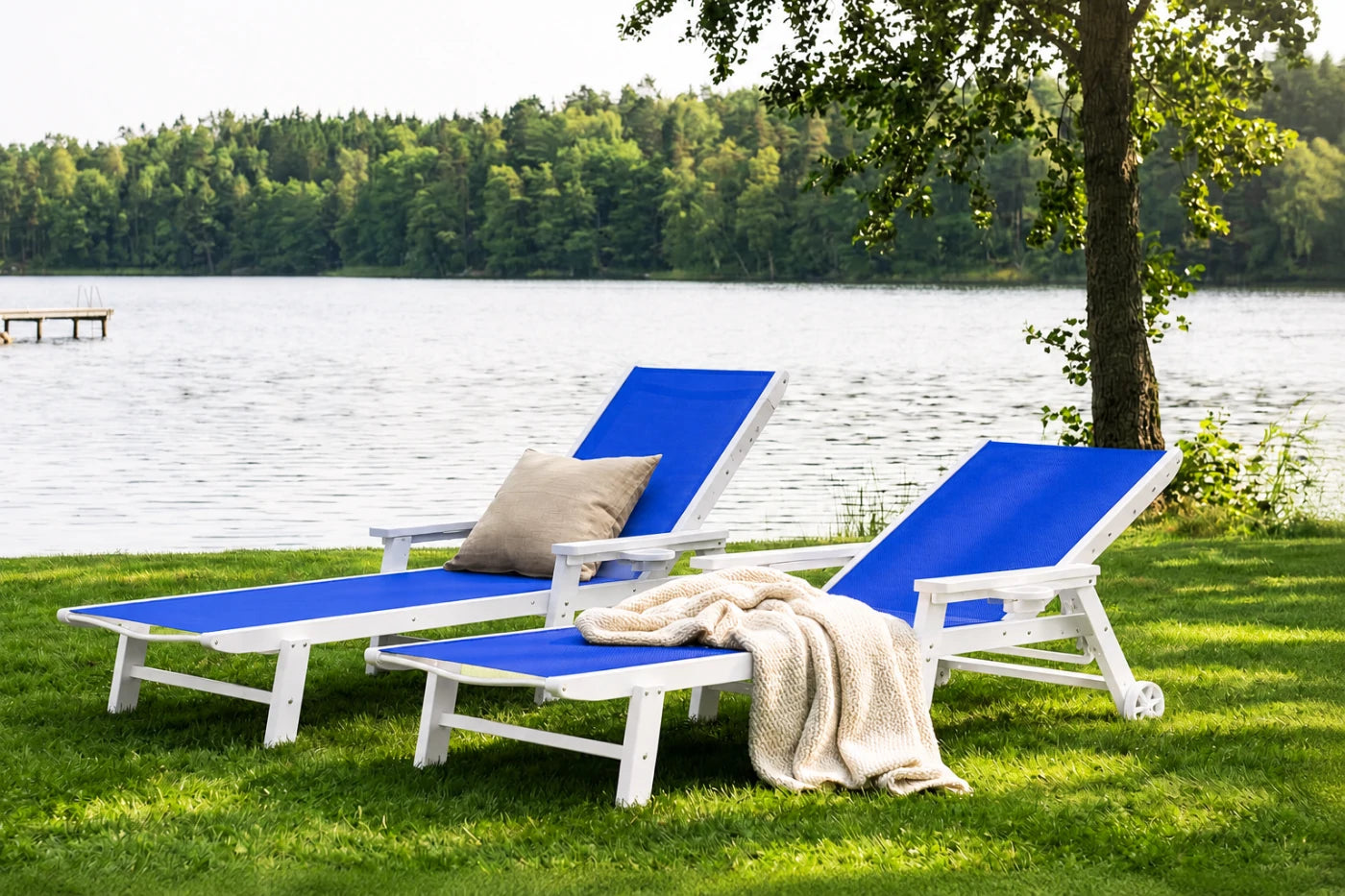 Indigo blue HDPE Outdoor Chaise Lounge with Textilene Fabric by the lake