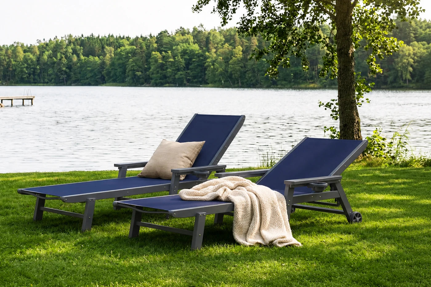 Navy blue HDPE Outdoor Chaise Lounge with Textilene Fabric by the lake