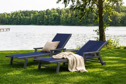 Navy blue HDPE Outdoor Chaise Lounge with Textilene Fabric by the lake