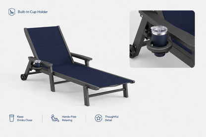 Navy blue HDPE Outdoor Chaise Lounge can keep drinks close and hands-free relaxing.