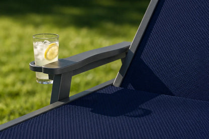 Navy blue HDPE Outdoor Chaise Lounge with Textilene Fabric keeps drinks close