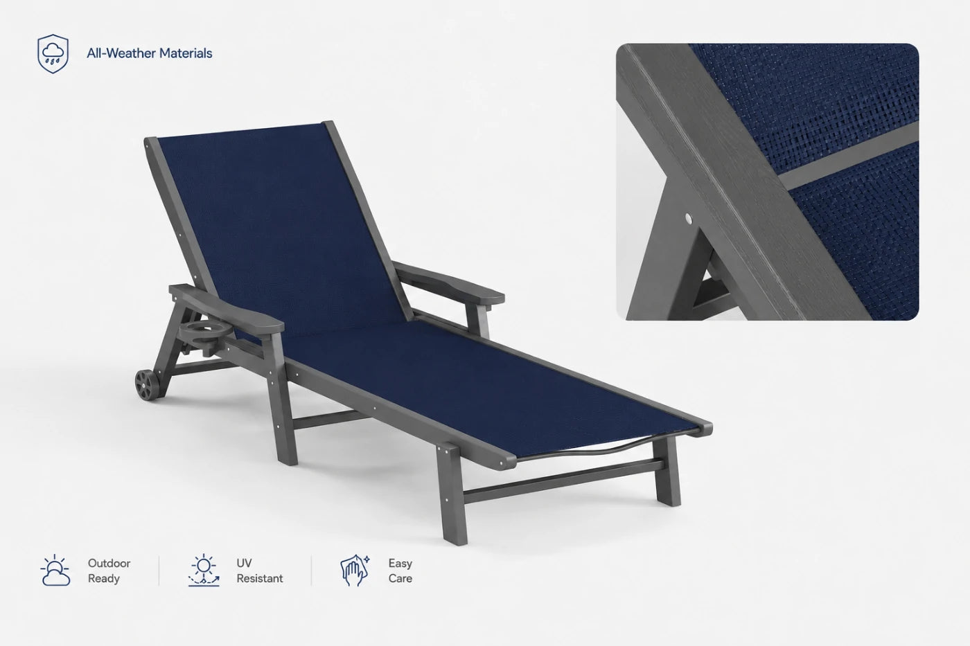 Navy blue HDPE Outdoor Chaise Lounge with all-weather materials, UV resistant