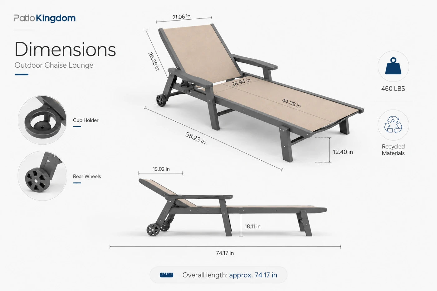 Sand khaki HDPE Outdoor Chaise Lounge with Textilene Fabric 74.17-icnch overall length