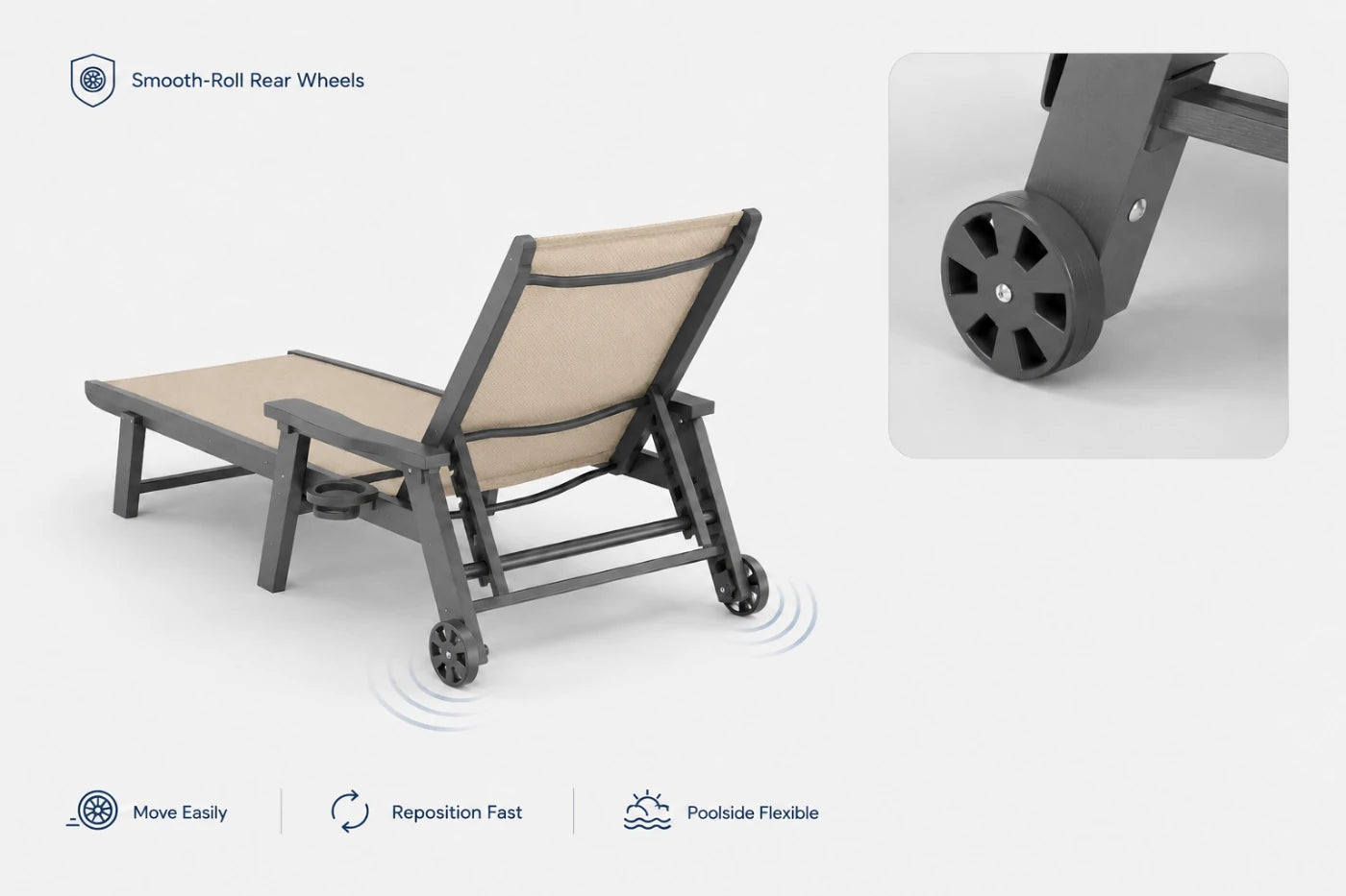 Sand khaki HDPE Outdoor Chaise Lounge with smooth-roll rear wheels,move easily, reposition fast and poolside flexible