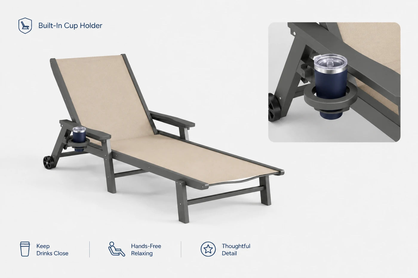 Sand khaki HDPE Outdoor Chaise Lounge can keep drinks close and hands-free relaxing.