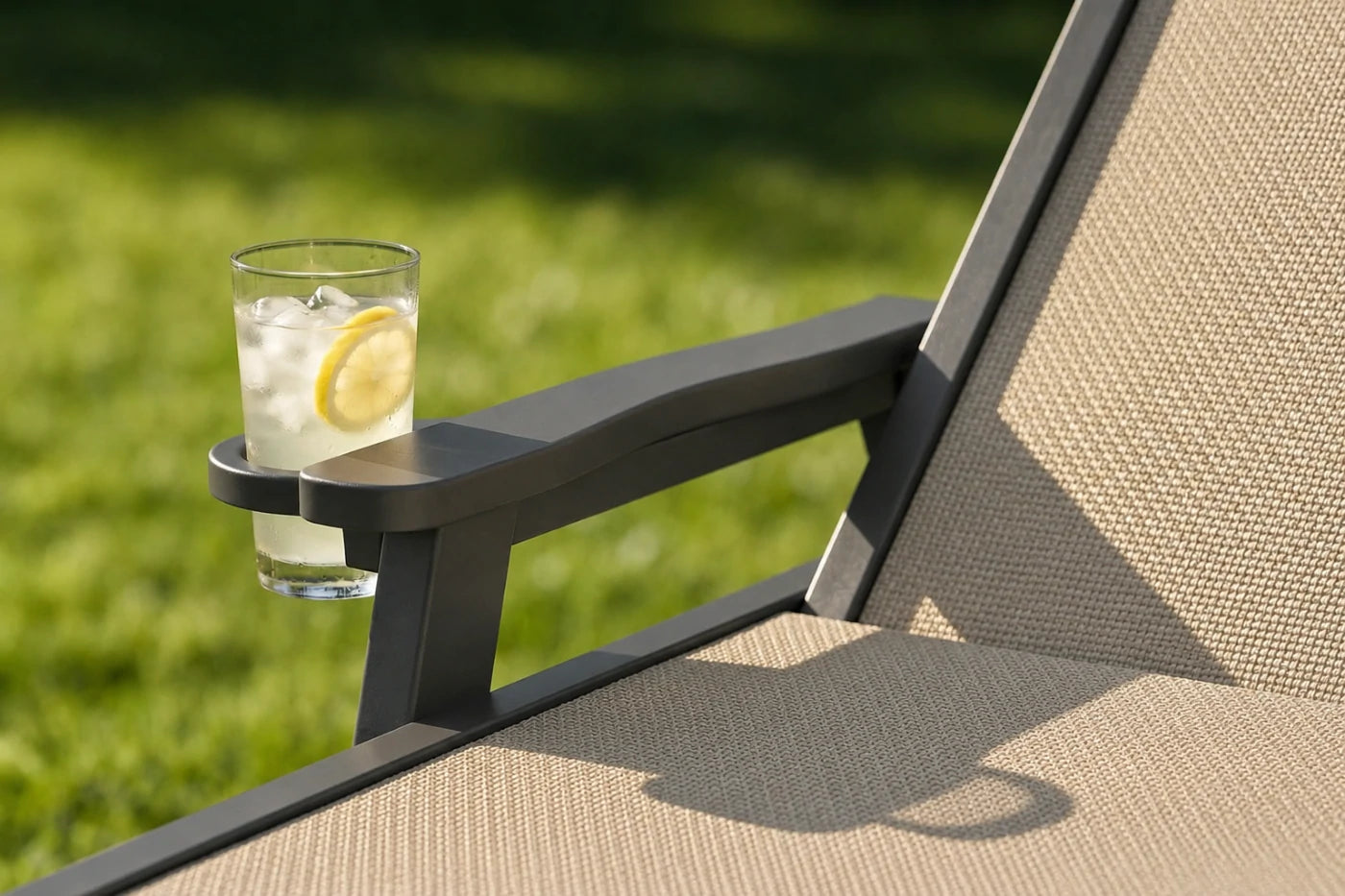 Sand khaki HDPE Outdoor Chaise Lounge with Textilene Fabric keeps drinks close