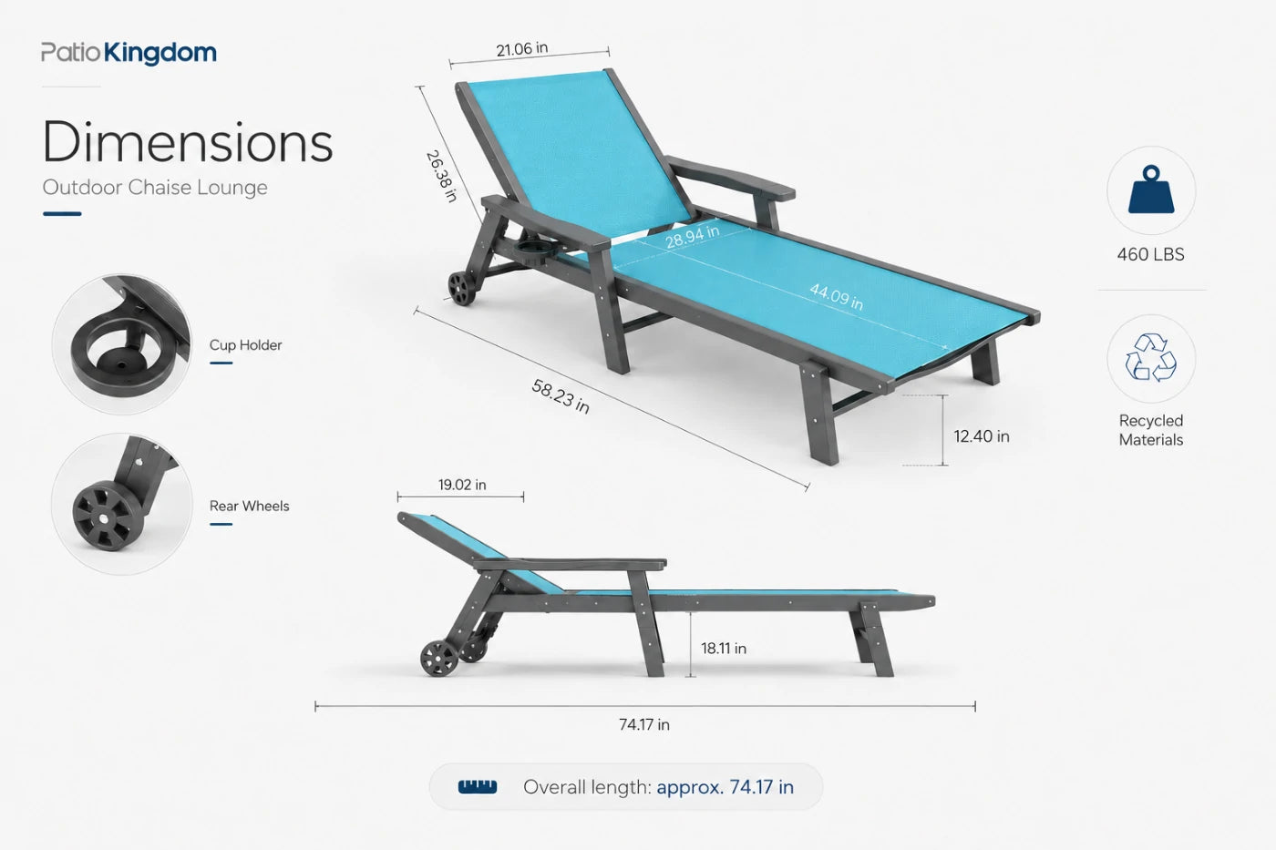 Sky blue HDPE Outdoor Chaise Lounge with Textilene Fabric 74.17-icnch overall length
