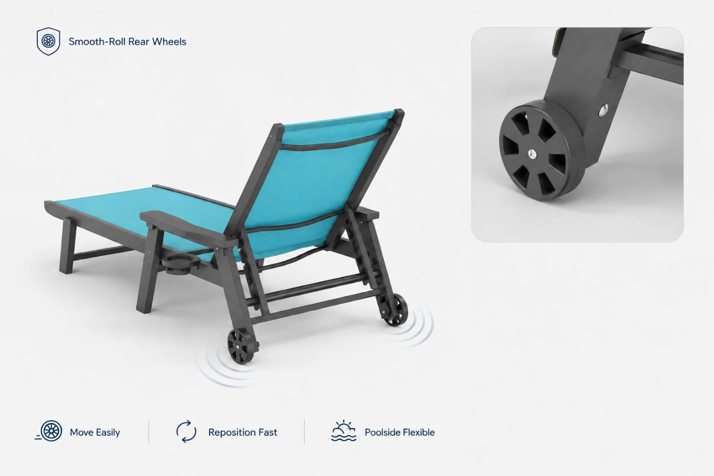 Sky blue HDPE Outdoor Chaise Lounge with smooth-roll rear wheels, move easily, reposition fast and poolside flexible