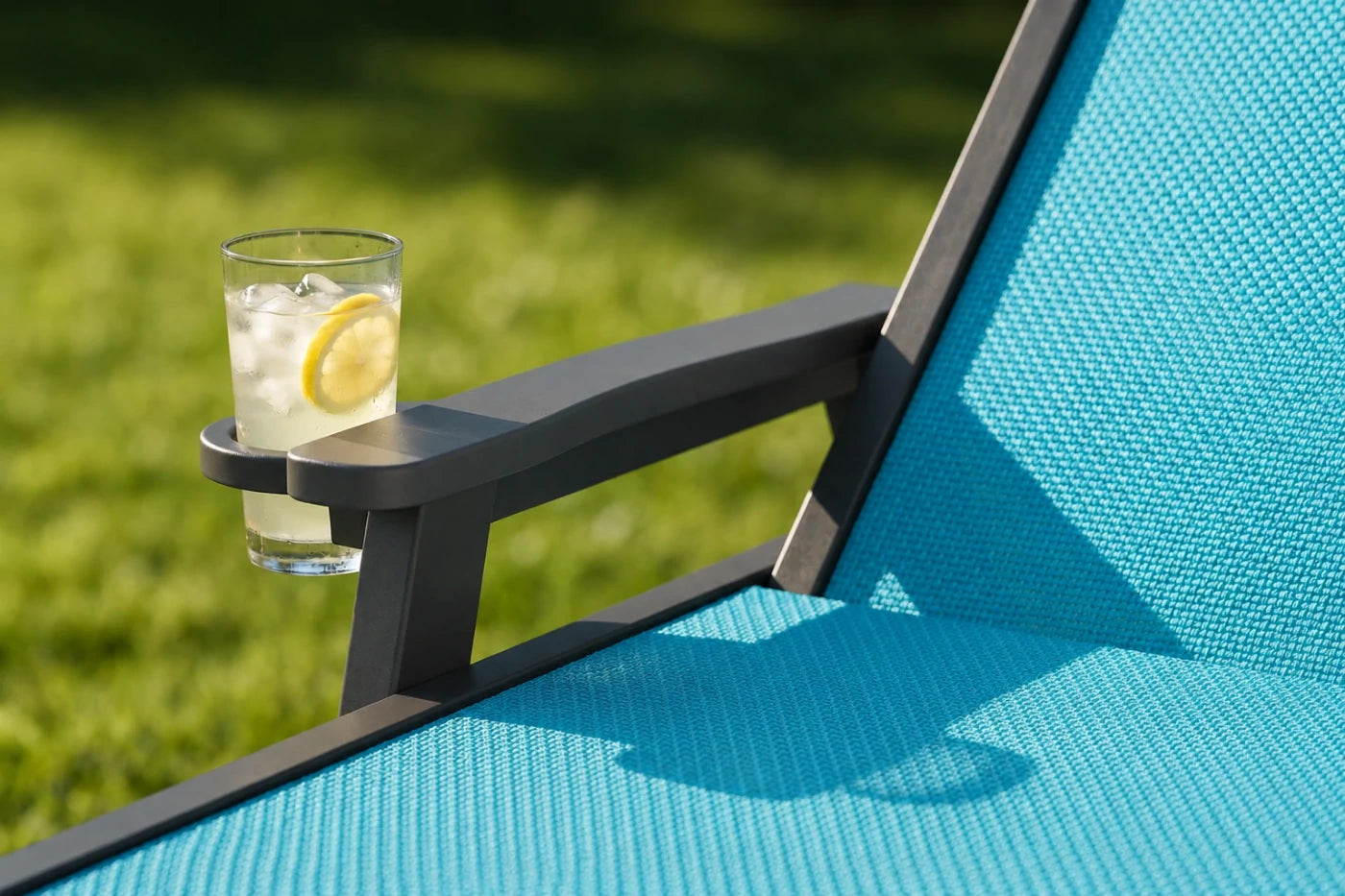 Sky blue HDPE Outdoor Chaise Lounge with Textilene Fabric keeps drinks close