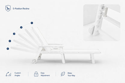 White HDPE Outdoor Chaise Lounge has 5-position recline, custom angles, easy adjustment