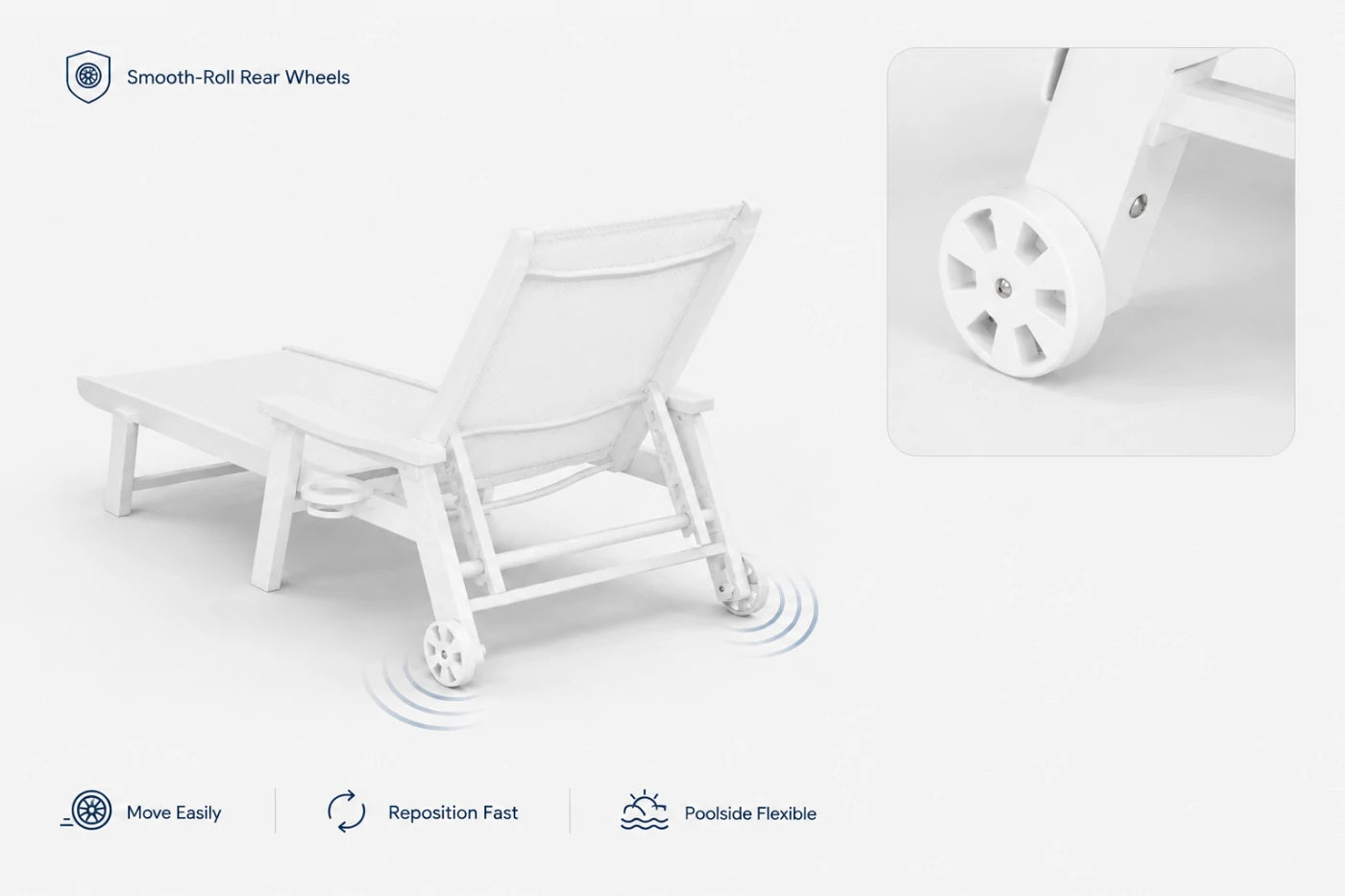 White HDPE Outdoor Chaise Lounge with smooth-roll rear wheels, move easily, reposition fast and poolside flexible