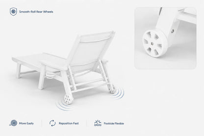 White HDPE Outdoor Chaise Lounge with smooth-roll rear wheels, move easily, reposition fast and poolside flexible