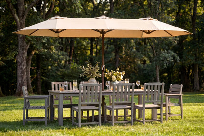 PatioKingdom LED Double-Sided Patio Umbrella with Base Beige / 15ft
