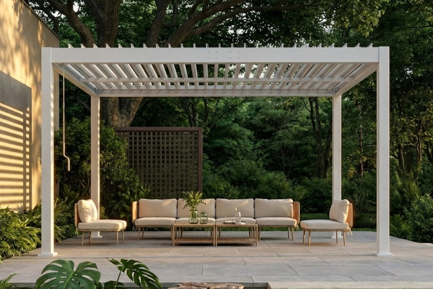 Outdoor patio with pergola, sofa set, and coffee table in a garden setting