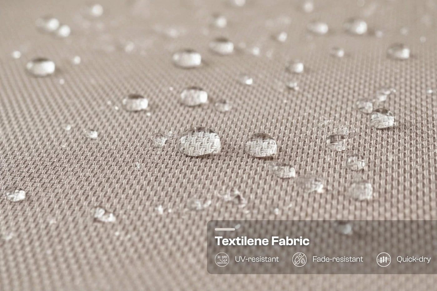 Textilene fabric with water droplets and product features displayed.