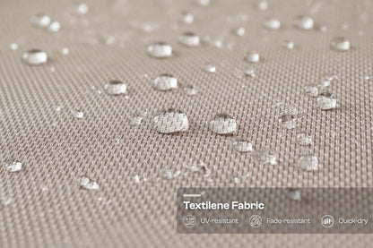 Textilene fabric with water droplets and product features displayed.