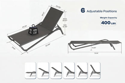 Chaise lounge with adjustable positions and weight capacity details on a white background