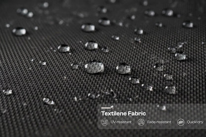 Textile fabric with water droplets and text indicating properties like UV-resistant, fade-resistant, and quick-dry.