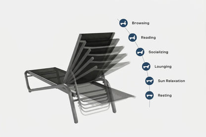 Black lounge chair with text labels on a white background