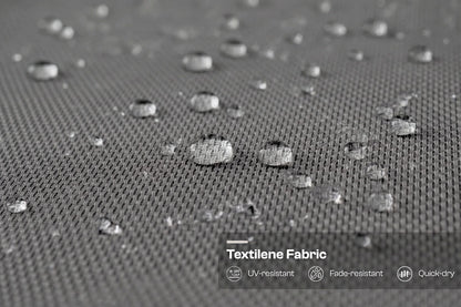 Textilene fabric with water droplets and durability features displayed.
