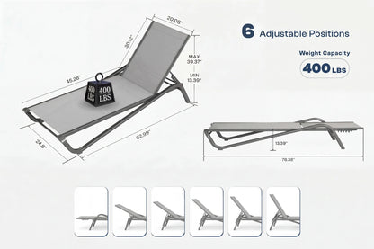 Measurement chart of a gray adjustable lounge chair with weight capacity details.