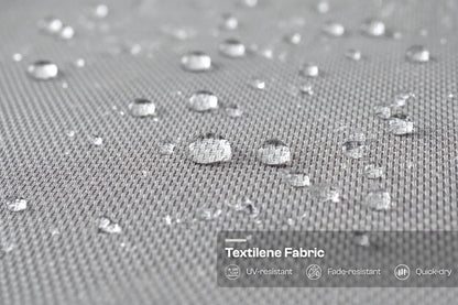 Textilene fabric with water droplets and product features displayed.