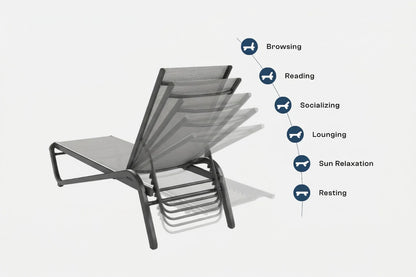 Gray lounge chair with icons and text on a white background