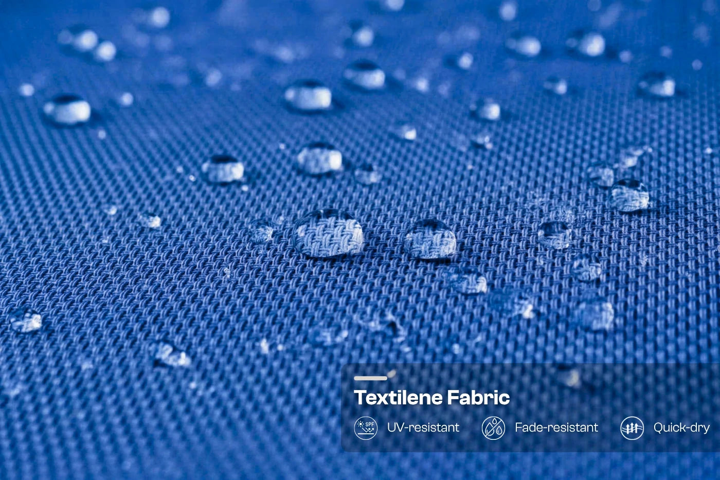 Blue textilene fabric with water droplets and certification logos.