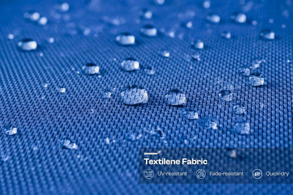 Blue textilene fabric with water droplets and certification logos.