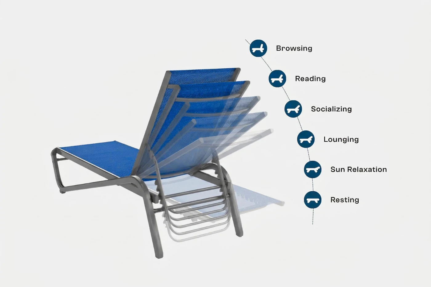 Blue lounge chair with various activities depicted on a white background